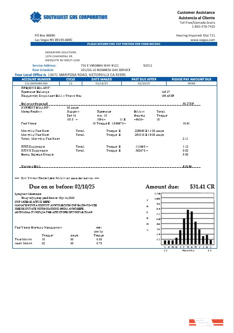 USA Nevada Southwest gas Corporation business utility bill template in Word and PDF formats